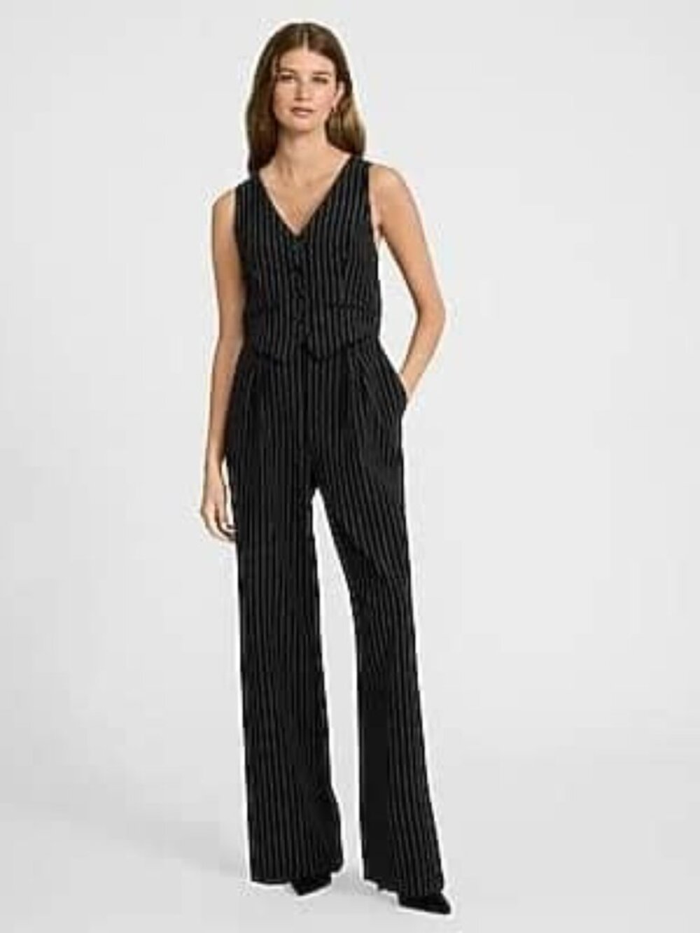 Express Pinstripe Tailored Vest Wide Leg Jumpsuit with Pockets